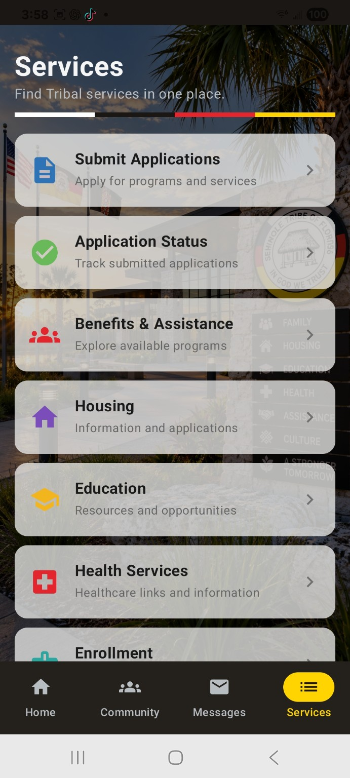 Tribal Member Portal services screen